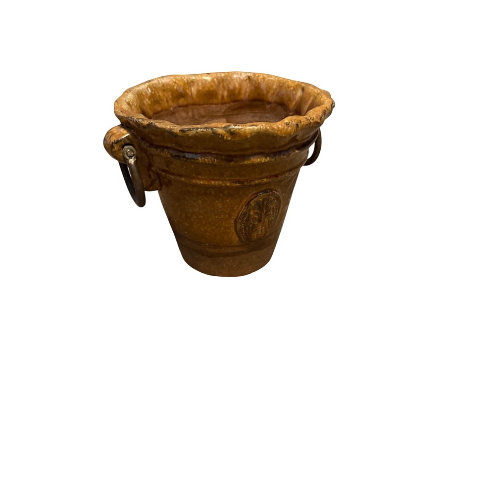 Rustic Glazed Terracotta Planter with Metal Ring Handles and Ruffled Rim Brown